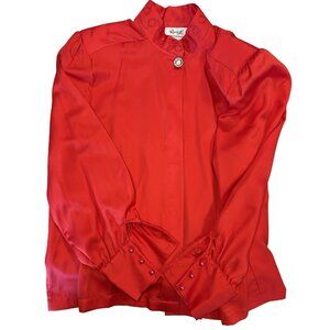 Vintage 80s Cherry Bright Red Long Sleeve Blouse Pearl Crystal Rhinestone Fasten